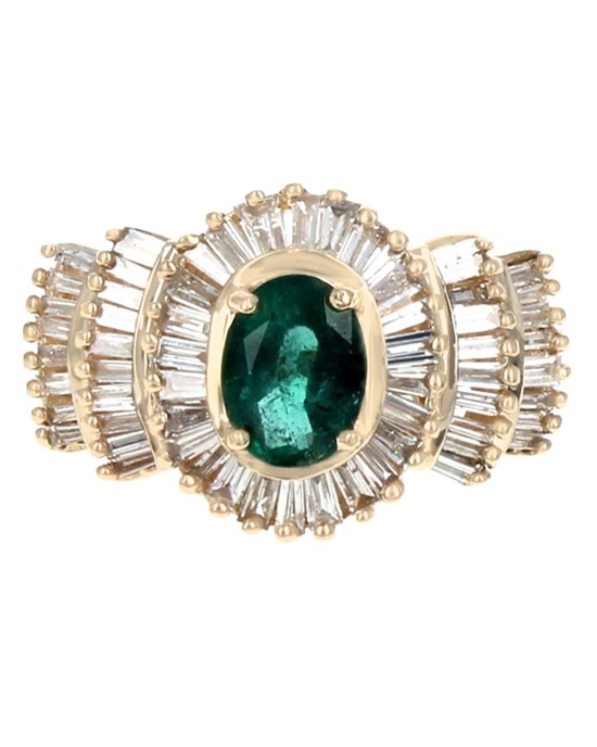 Emerald and Diamond Halo Ring in Yellow Gold